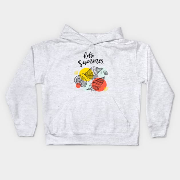 Hello Summer with sea shells and colorful circles Kids Hoodie by yuliia_bahniuk